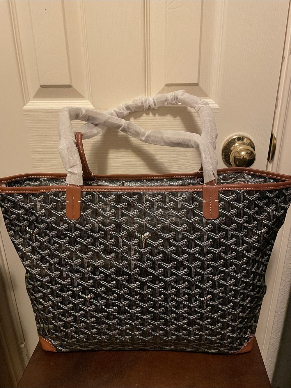 Black Patterned Tote with Brown  Trim and Handles